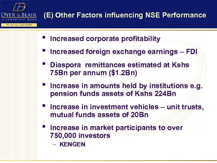 (E) Other Factors influencing NSE Performance • • • Increased corporate profitability • Increase