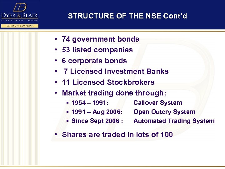 STRUCTURE OF THE NSE Cont’d • • • 74 government bonds 53 listed companies