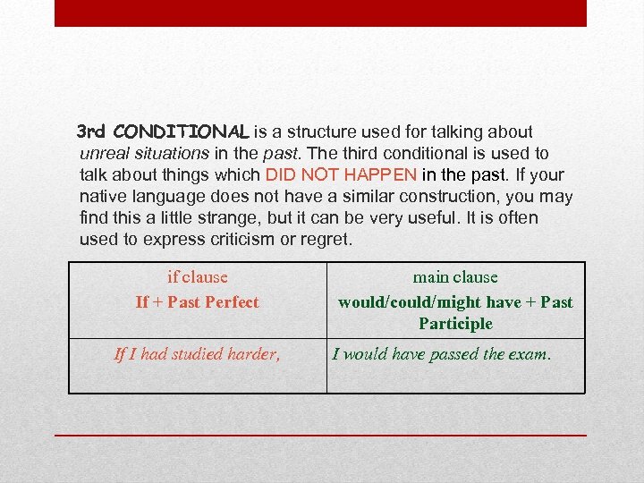 3 rd CONDITIONAL is a structure used for talking about unreal situations in the