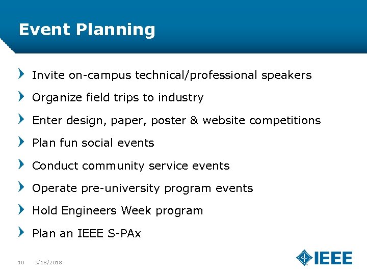 Event Planning Invite on-campus technical/professional speakers Organize field trips to industry Enter design, paper,