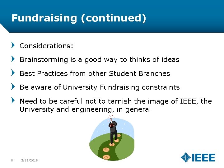 Fundraising (continued) Considerations: Brainstorming is a good way to thinks of ideas Best Practices