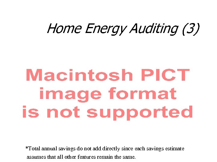 Home Energy Auditing (3) *Total annual savings do not add directly since each savings