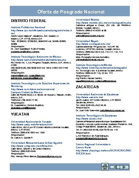 Oferta de Posgrado Nacional DISTRITO FEDERAL Universidad Modelo http: //www. modelo. edu. mx/univ/posgrados. php