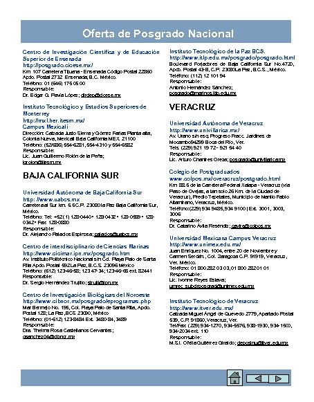 Oferta de Posgrado Nacional Centro de Investigación Científica y de Educación Superior de Ensenada