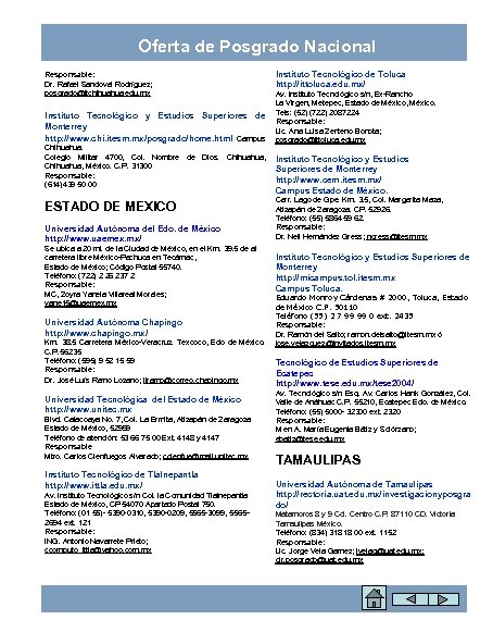 Oferta de Posgrado Nacional Responsable: Dr. Rafael Sandoval Rodríguez; posgrado@itchihuahua. edu. mx Instituto Tecnológico