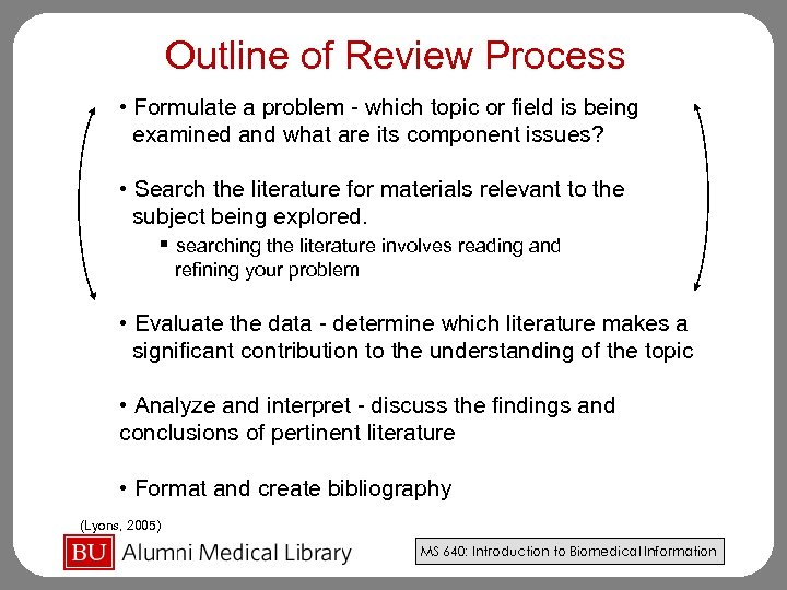 Outline of Review Process • Formulate a problem - which topic or field is