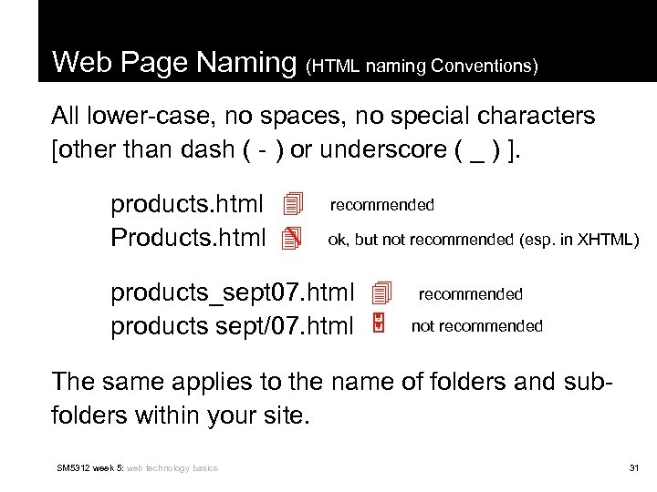 Web Page Naming (HTML naming Conventions) All lower-case, no spaces, no special characters [other