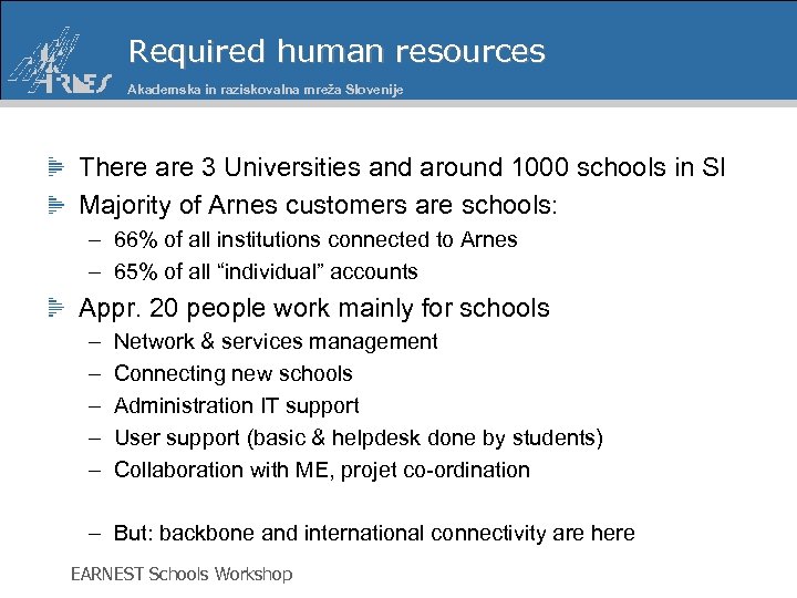 Required human resources Akademska in raziskovalna mreža Slovenije There are 3 Universities and around