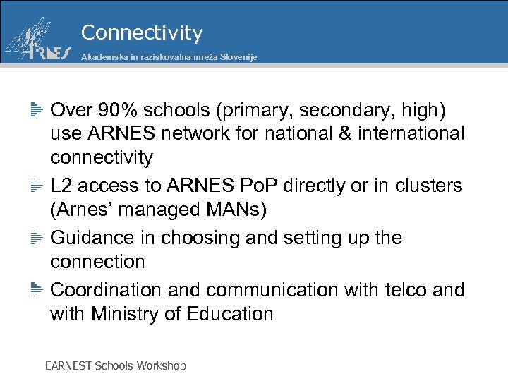 Connectivity Akademska in raziskovalna mreža Slovenije Over 90% schools (primary, secondary, high) use ARNES