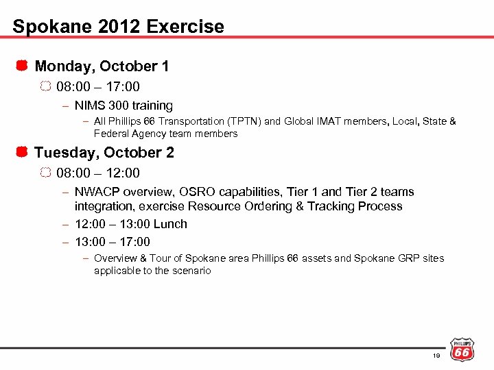 Spokane 2012 Exercise Monday, October 1 08: 00 – 17: 00 – NIMS 300