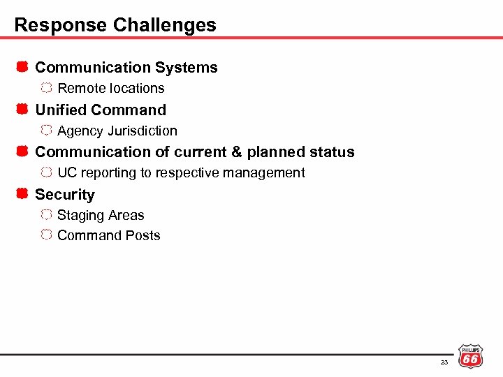 Response Challenges Communication Systems Remote locations Unified Command Agency Jurisdiction Communication of current &