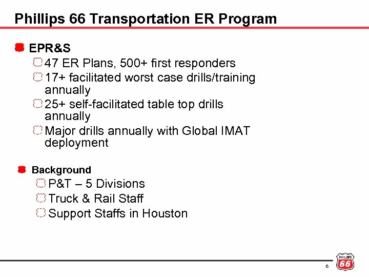 Phillips 66 Transportation ER Program EPR&S 47 ER Plans, 500+ first responders 17+ facilitated