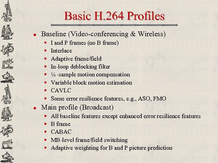 Basic H. 264 Profiles u Baseline (Video-conferencing & Wireless) § § § § u
