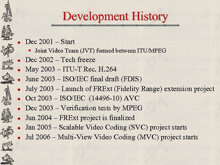 Development History u Dec 2001 – Start § Joint Video Team (JVT) formed between