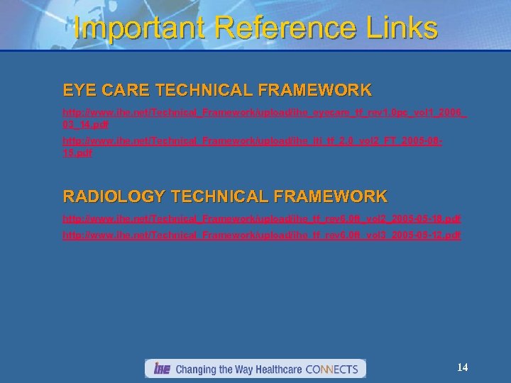 Important Reference Links EYE CARE TECHNICAL FRAMEWORK http: //www. ihe. net/Technical_Framework/upload/ihe_eyecare_tf_rev 1. 0 pc_vol