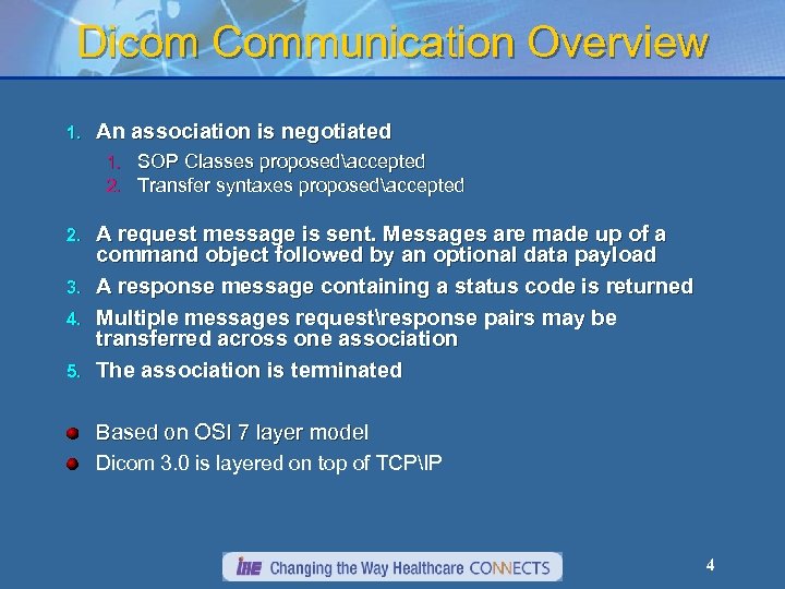 Dicom Communication Overview 1. An association is negotiated 1. SOP Classes proposedaccepted 2. Transfer