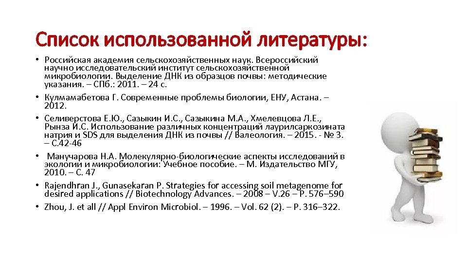 Список использованной литературы: • Российская академия сельскохозяйственных наук. Всероссийский научно исследовательский институт сельскохозяйственной микробиологии.