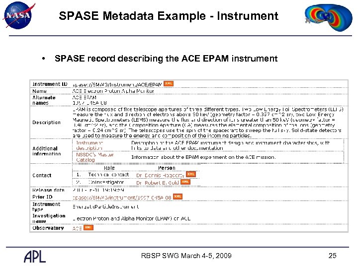 SPASE Metadata Example - Instrument • SPASE record describing the ACE EPAM instrument RBSP