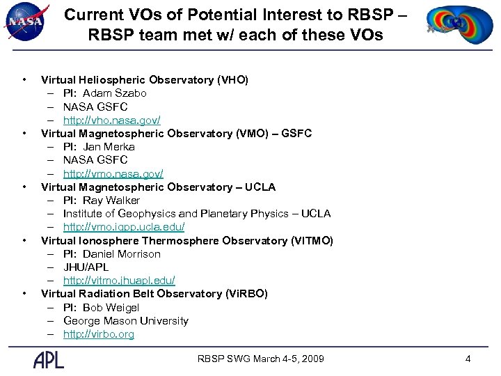Current VOs of Potential Interest to RBSP – RBSP team met w/ each of