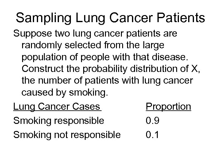 Sampling Lung Cancer Patients Suppose two lung cancer patients are randomly selected from the