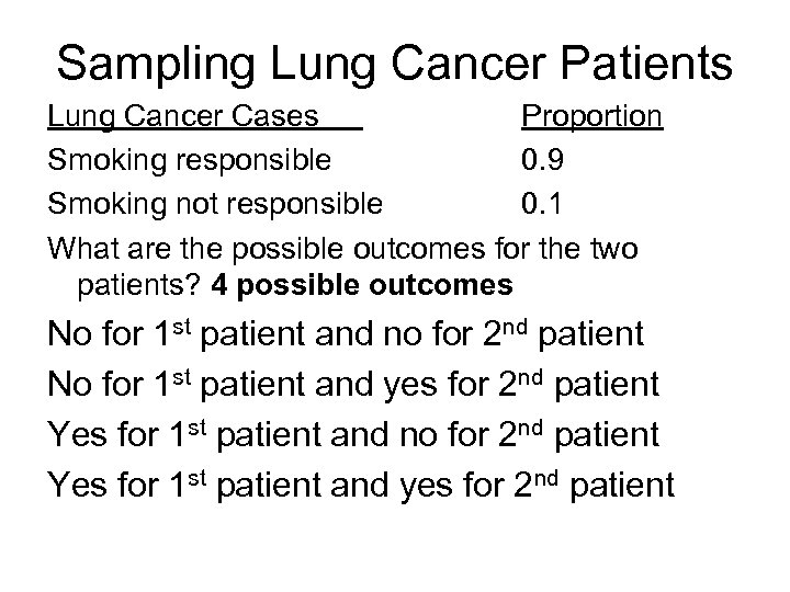 Sampling Lung Cancer Patients Lung Cancer Cases Proportion Smoking responsible 0. 9 Smoking not