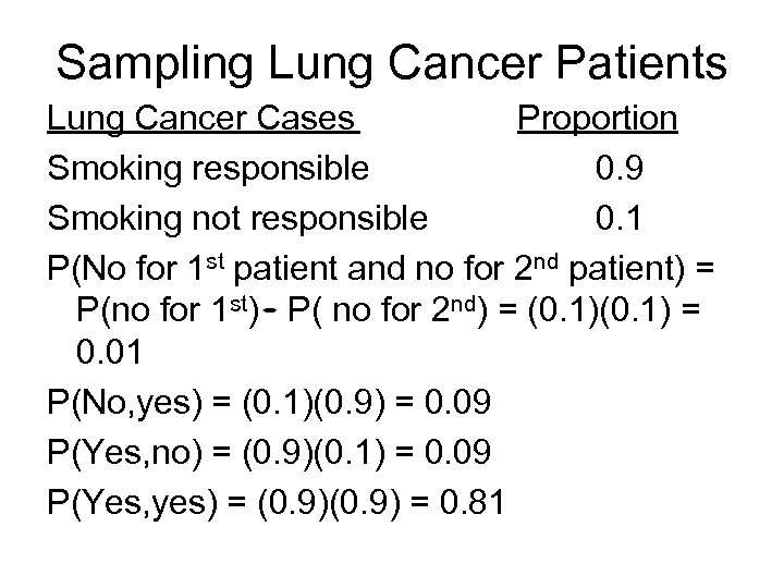Sampling Lung Cancer Patients Lung Cancer Cases Proportion Smoking responsible 0. 9 Smoking not