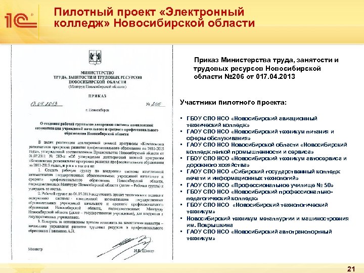 Пилотный проект «Электронный колледж» Новосибирской области Приказ Министерства труда, занятости и трудовых ресурсов Новосибирской