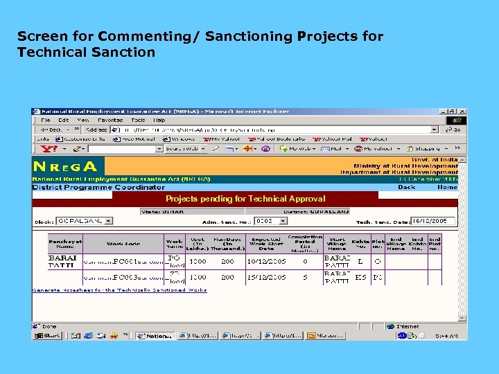 Screen for Commenting/ Sanctioning Projects for Technical Sanction Projects pending for Technical Approval 