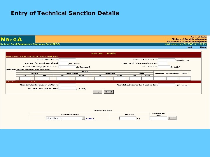 Entry of Technical Sanction Details 