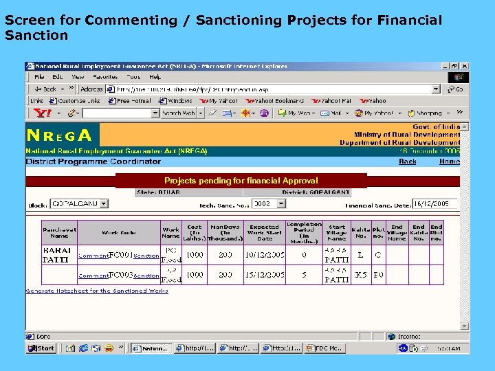 Screen for Commenting / Sanctioning Projects for Financial Sanction Projects pending for financial Approval