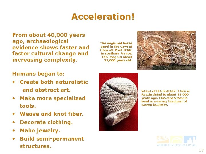Acceleration! From about 40, 000 years ago, archaeological evidence shows faster and faster cultural