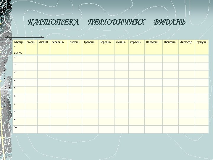 КАРТОТЕКА Місяць / число 1 2 3 4 5 6 7 8 9 10