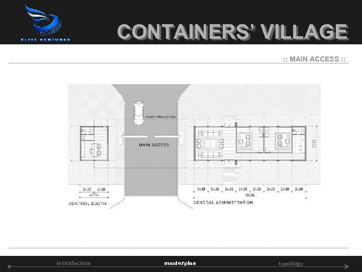CONTAINERS’ VILLAGE : : MAIN ACCESS : : introduction masterplan typology 