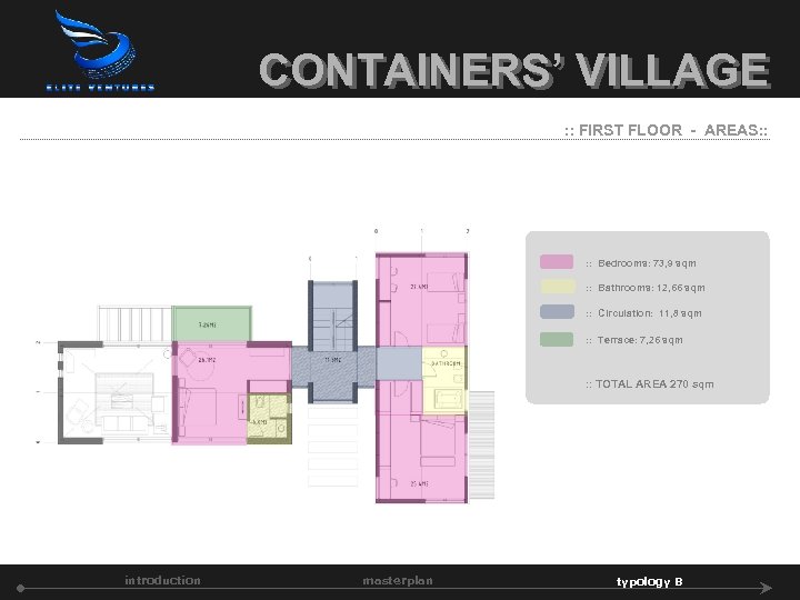 CONTAINERS’ VILLAGE : : FIRST FLOOR - AREAS: : Bedrooms: 73, 9 sqm :