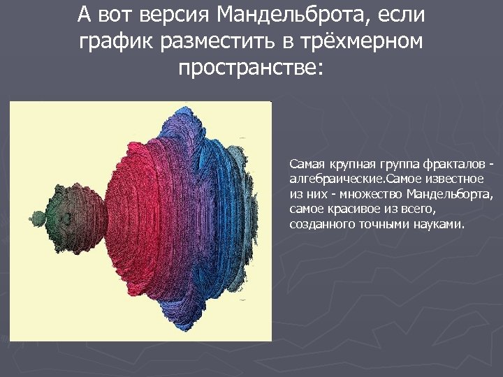 А вот версия Мандельброта, если график разместить в трёхмерном пространстве: Самая крупная группа фракталов