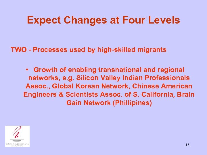 Expect Changes at Four Levels TWO - Processes used by high-skilled migrants • Growth