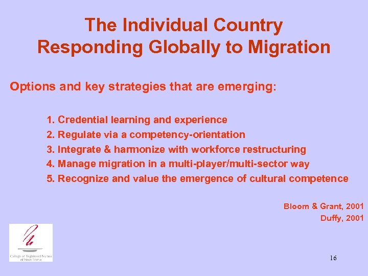 The Individual Country Responding Globally to Migration Options and key strategies that are emerging:
