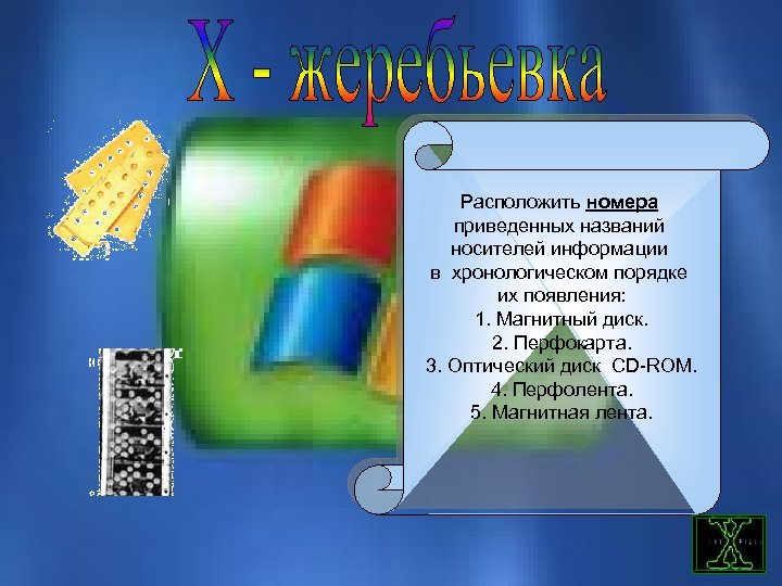 Расположить номера приведенных названий носителей информации в хронологическом порядке их появления: 1. Магнитный диск.