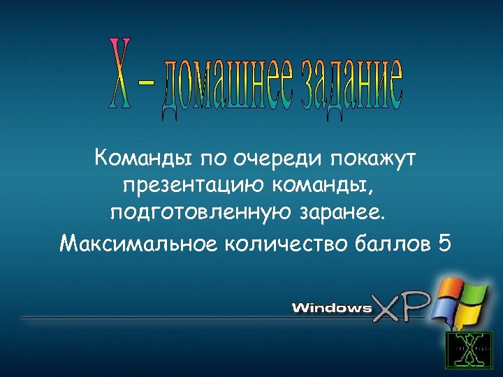 Команды по очереди покажут презентацию команды, подготовленную заранее. Максимальное количество баллов 5 