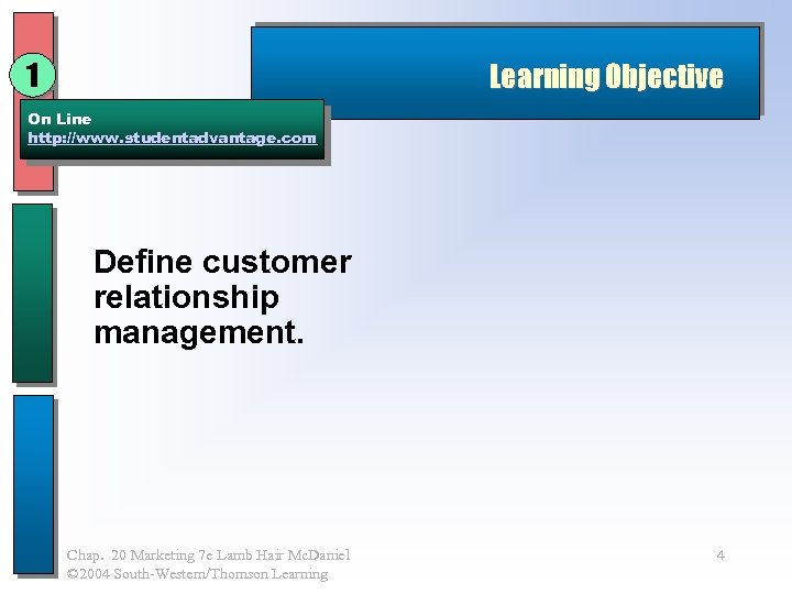 1 Learning Objective On Line http: //www. studentadvantage. com Define customer relationship management. Chap.