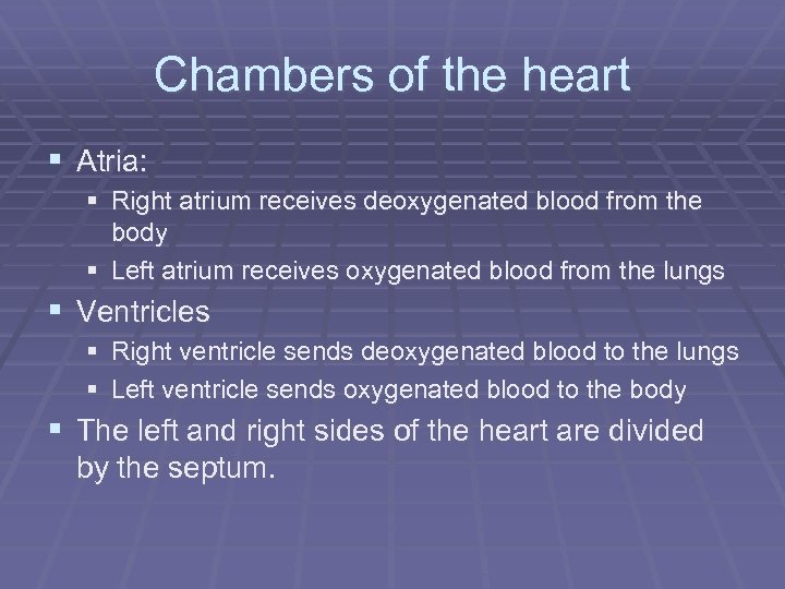 Chambers of the heart § Atria: § Right atrium receives deoxygenated blood from the