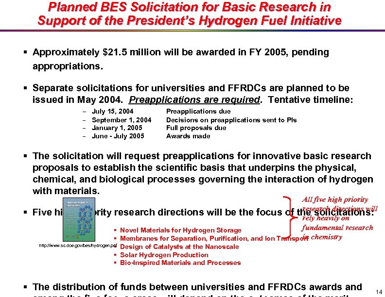 Planned BES Solicitation for Basic Research in Support of the President’s Hydrogen Fuel Initiative