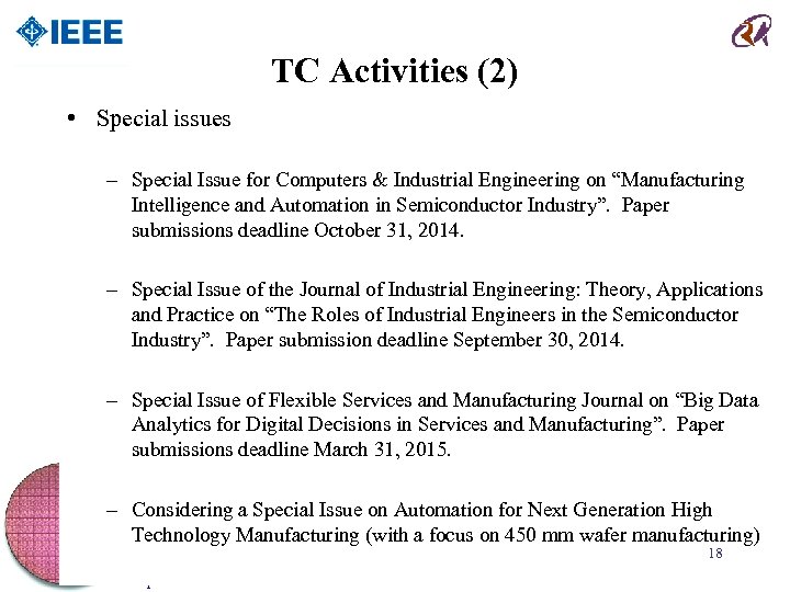 TC Activities (2) • Special issues – Special Issue for Computers & Industrial Engineering