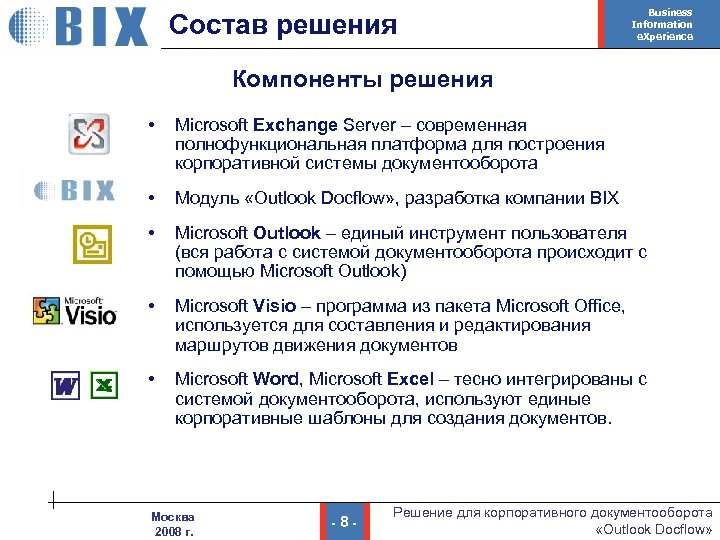 Состав решения Business Information e. Xperience Компоненты решения • Microsoft Exchange Server – современная