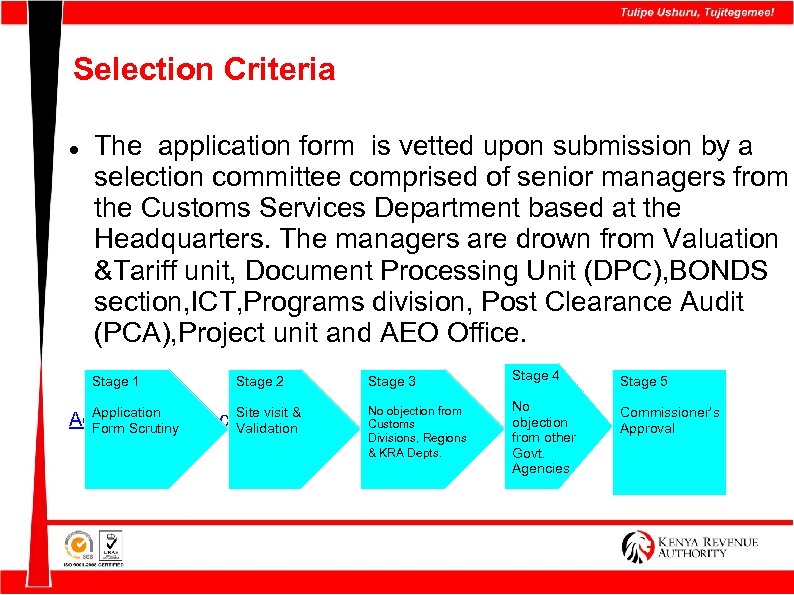 Selection Criteria The application form is vetted upon submission by a selection committee comprised