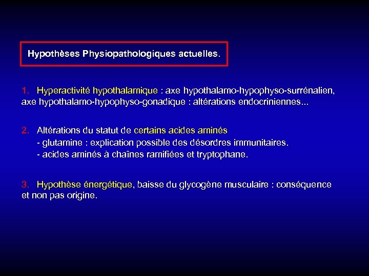 Hypothèses Physiopathologiques actuelles. 1. Hyperactivité hypothalamique : axe hypothalamo-hypophyso-surrénalien, axe hypothalamo-hypophyso-gonadique : altérations endocriniennes.