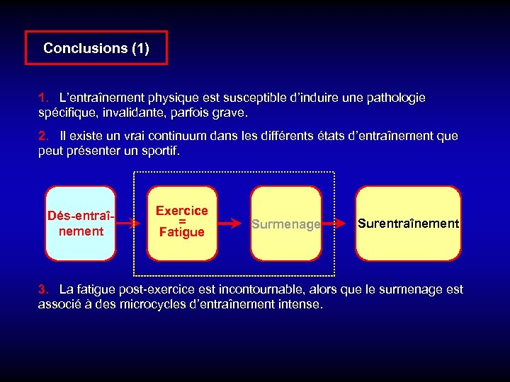 Conclusions (1) 1. L’entraînement physique est susceptible d’induire une pathologie spécifique, invalidante, parfois grave.