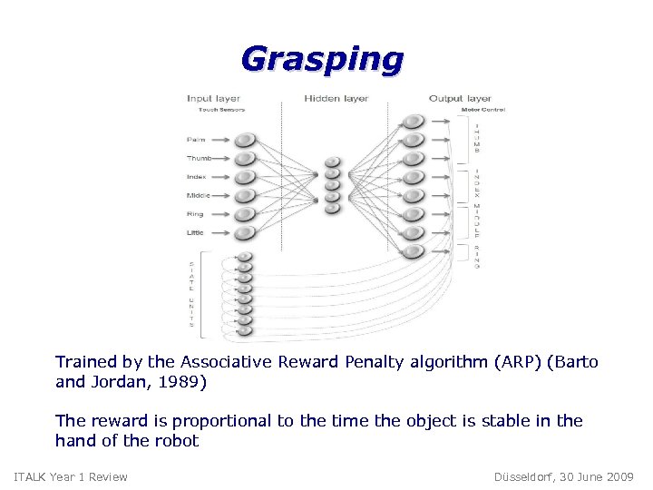 Grasping Trained by the Associative Reward Penalty algorithm (ARP) (Barto and Jordan, 1989) The