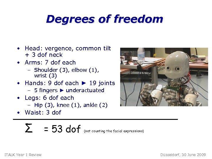 Degrees of freedom • Head: vergence, common tilt + 3 dof neck • Arms: