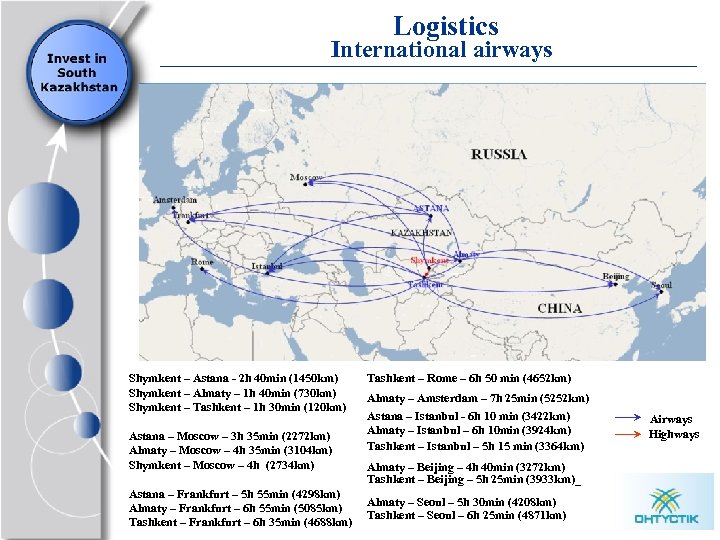 Logistics International airways Shymkent – Astana - 2 h 40 min (1450 km) Shymkent